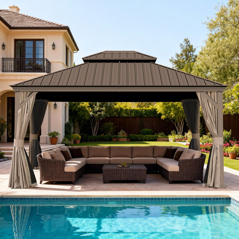 Pavillon de jardin d'extérieur en acier galvanisé avec double toit, 118.19" H x 156.22" W x 131.42" D, Brun