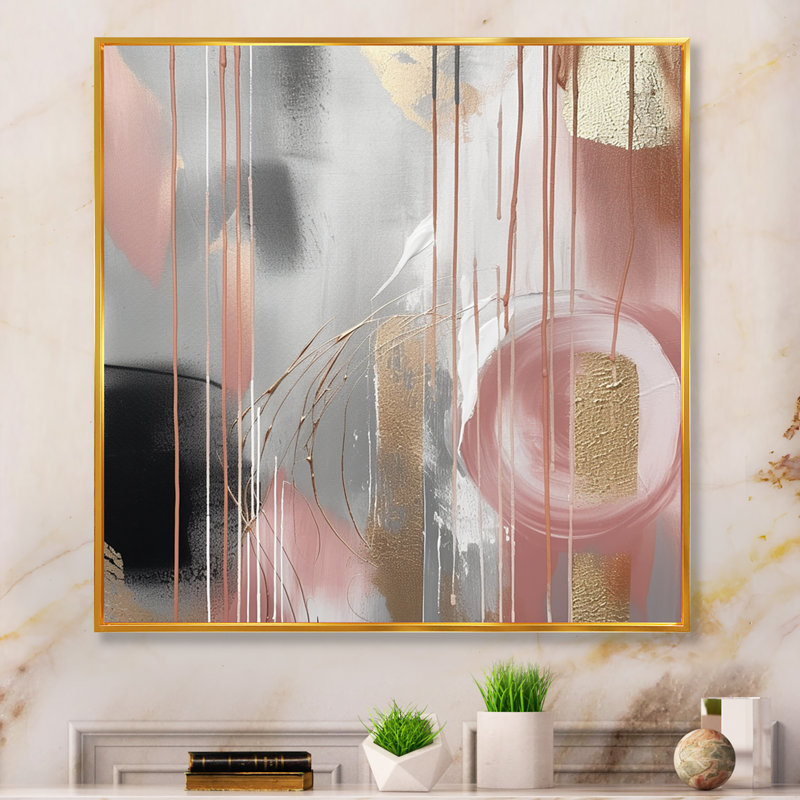 «Pink Gold Circle Complexity - Modern Shapes», art mural sur toile transitionnel, L 16 po x H 16 po, Cadre flottant doré