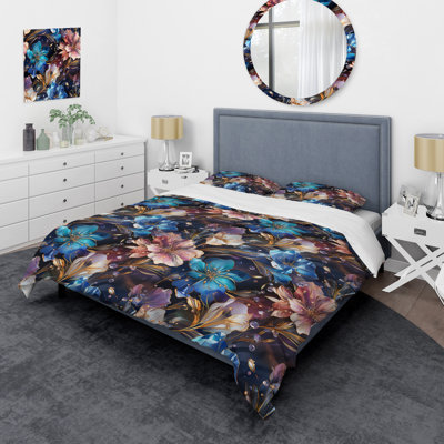 Blue And Pink Opulent Crystal Flowers Floral Duvet Cover