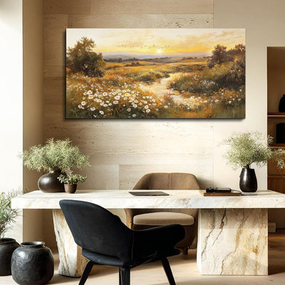 Grande décoration murale pour salon, art mural sur toile pour le bureau, décorations murales modernes pour chambre, champ de marguerites, peinture au coucher du soleil, œuvres d'art, décoration intérieure, 24 x 48 po