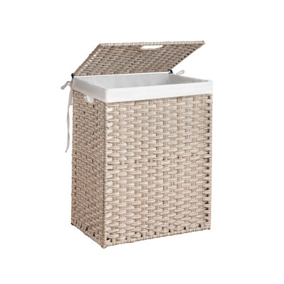100L Wicker Laundry Hamper with Lid and Removable Liner, PE Rattan Basket with Powder-Coated Steel Frame for Bathroom, Bedroom, or Laundry Room (Light Gray)