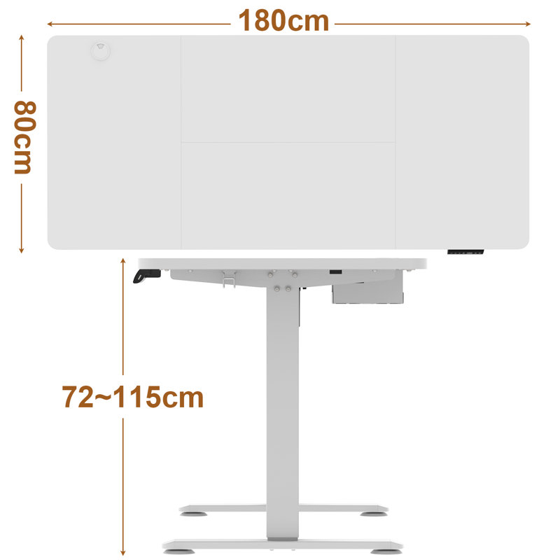 Height Adjustable T-Shaped Computer Desk Electric Standing Desk with USB Charging, White, 115cm H x 180cm W x 80cm D, White