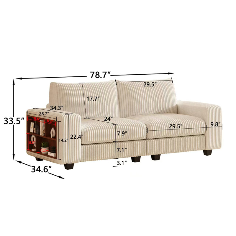 78.7" Modular Wooden Frame Double Sofa with Armrest Storage