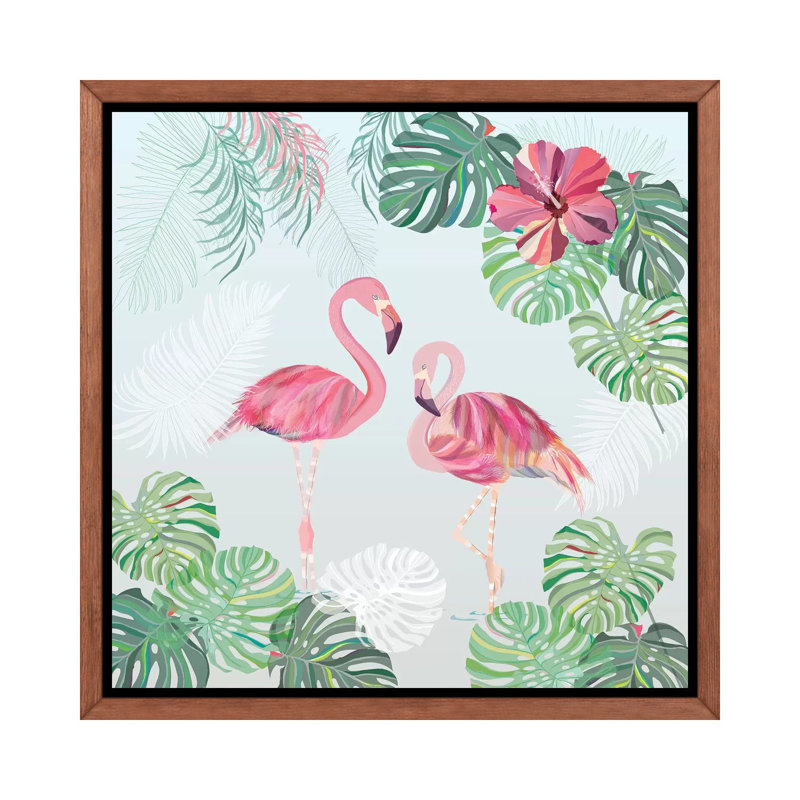Festive Flamants de Turnowsky - impression d'art graphique, H 18 po x l 18 po x 1,5 po, Cadre flottant brun