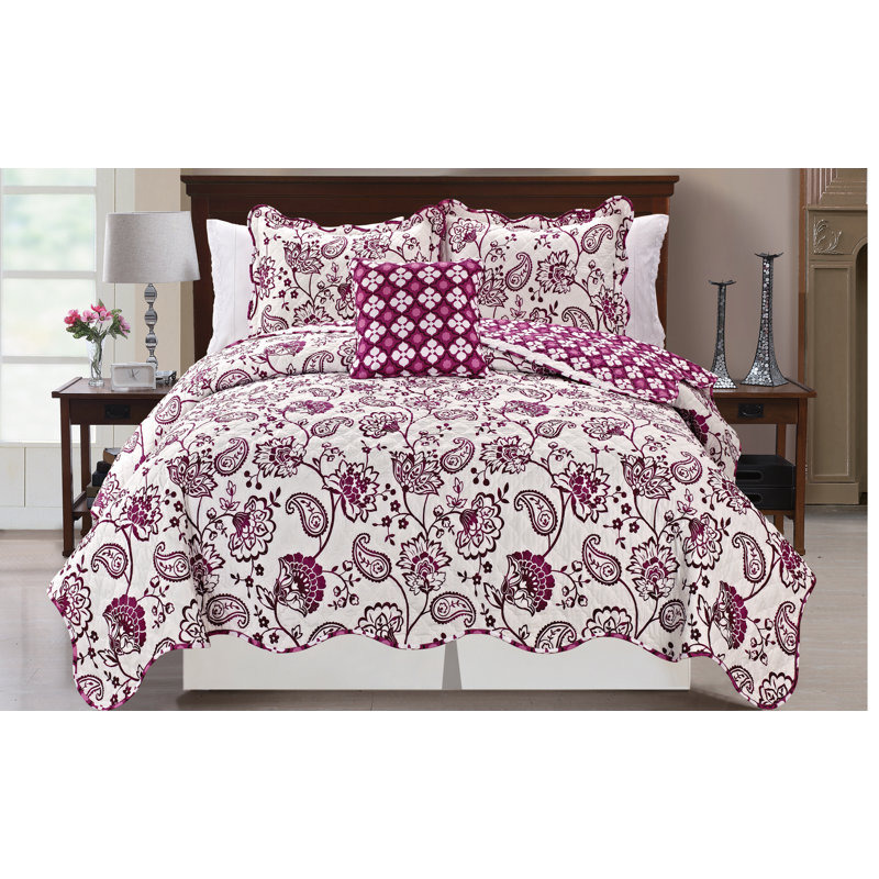 Polyester Floral Coverlet with Pillow Shams, Queen, Purple