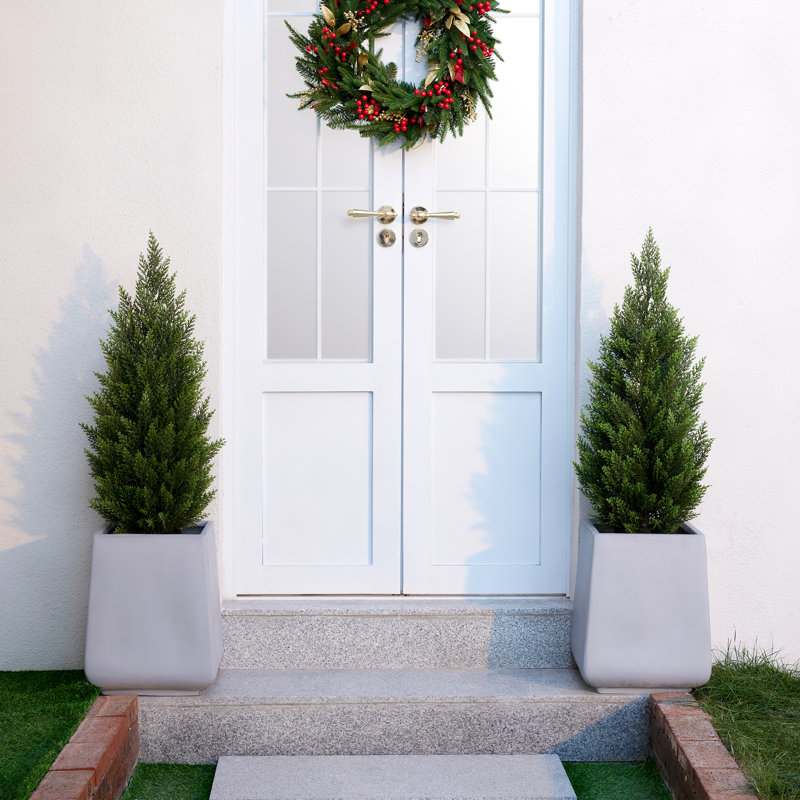 Faux Cypress Topiary Trees in Pot, Set of 2, UV Resistant Pre-Potted Evergreen with Realistic Thick Trunk, Black Cement Pot for Front Door, Porch & Entryway (Cedar-Look)