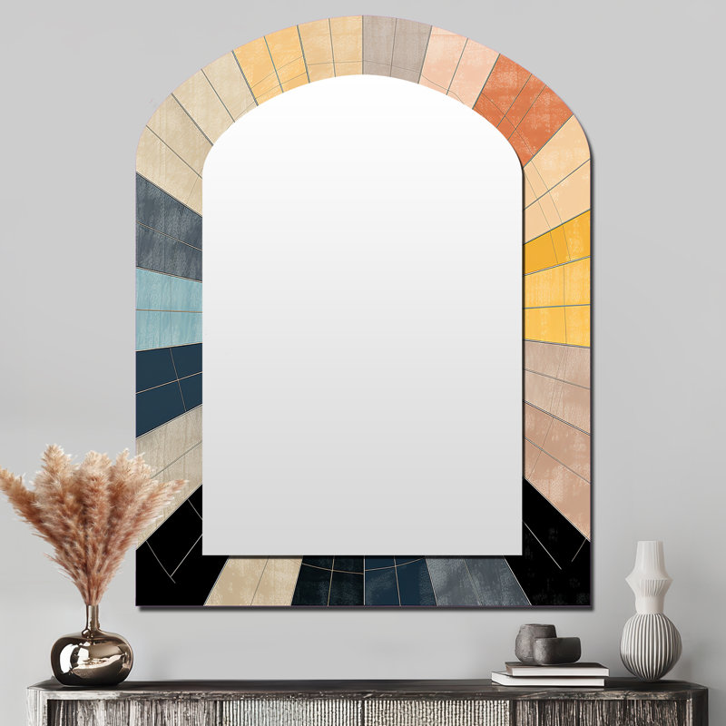 Mid-Century New Balance Abstract Geometrics III - Midcentury Modern Arch Large Mirror, Modern Asymmetrical Unique Wall Mirror Decor, Printed Metal Art