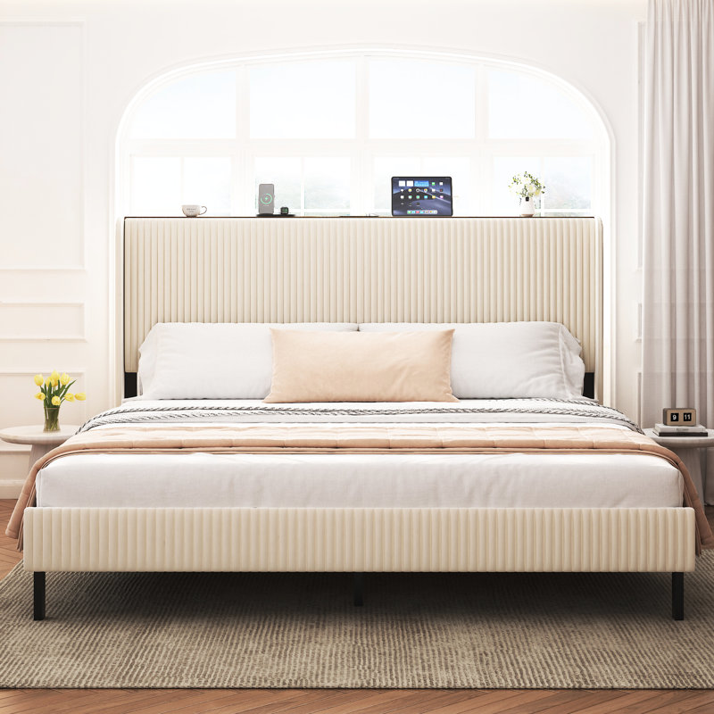 Beige King Size Platform Bed With Charging Station Noise Seamless And Assembly Storage Headboard 2 Ports No Box Spring Needed Frame Quick Painless Metal Construction Required