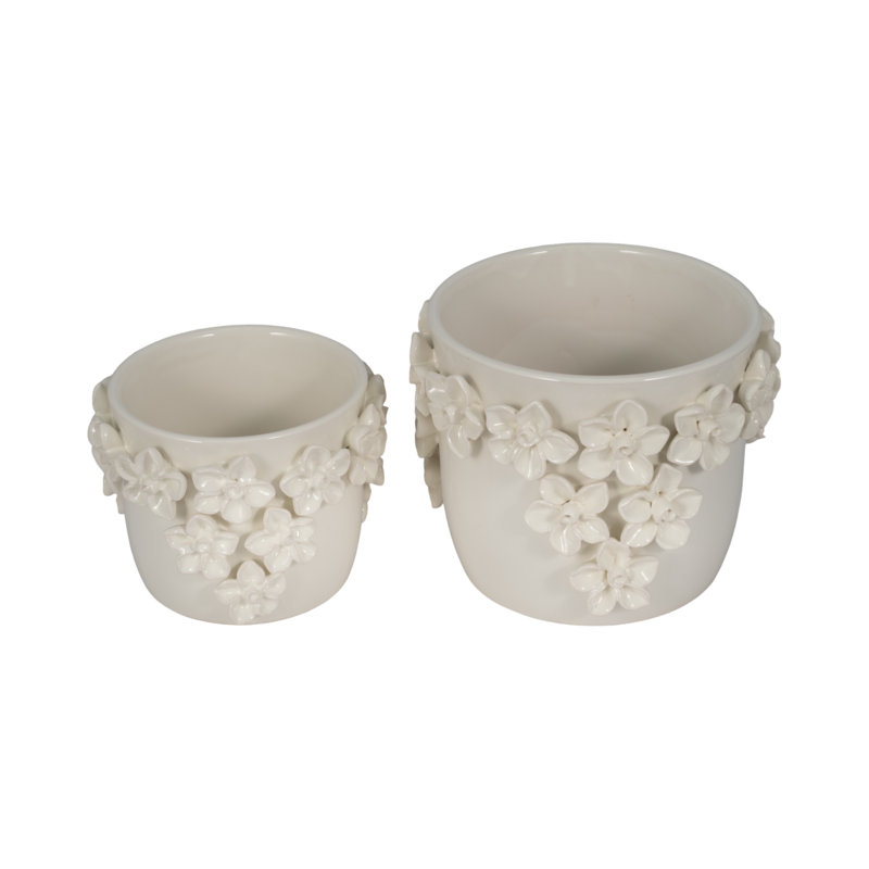 Sagebrook Home 7" Floral Applique Planter, White, Ivory, 7" H x 7" W x 7" D