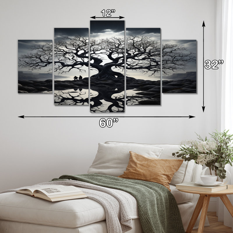 Arbre de contraste monochrome II - décoration murale florale - 5 panneaux