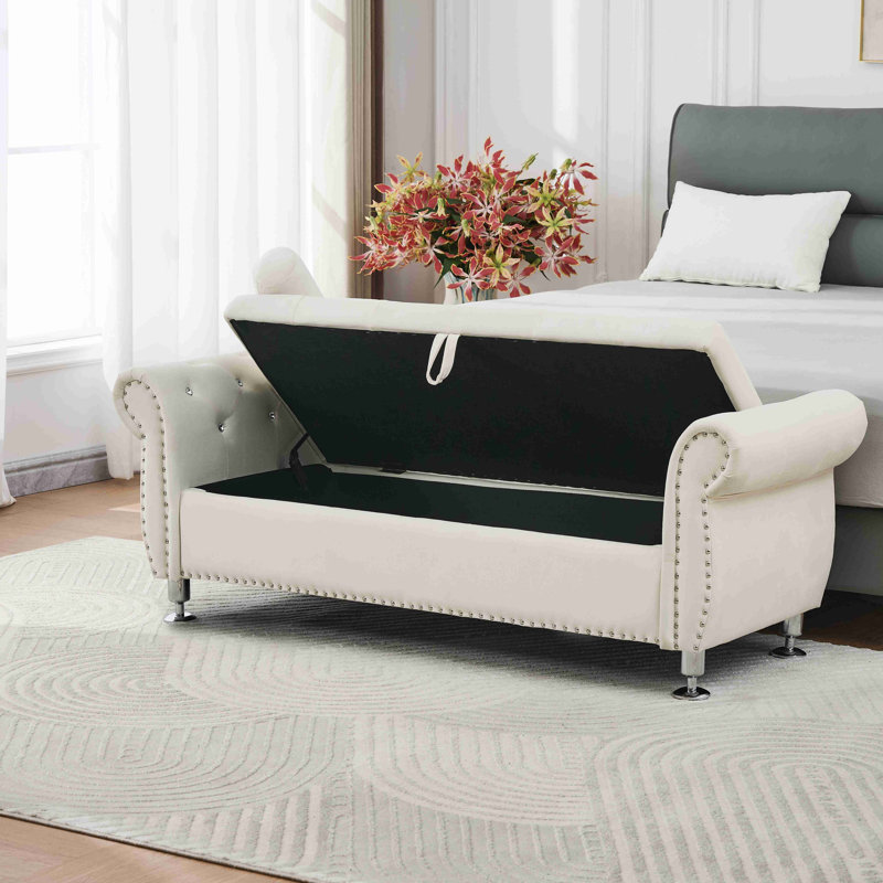 Banc de rangement en velours doux avec boutons en cristal et 1 coussin, Beige