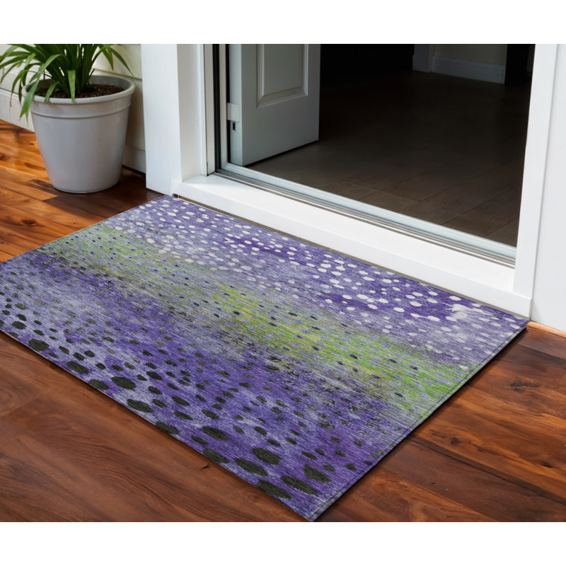 3' X 5' Purple Green And Black Abstract Washable Indoor Outdoor Area Rug