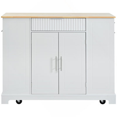Fluted Kitchen Island With Trash Can Storage Cabinet, Power Outlet, Internal Storage Rack, Rolling Kitchen Islands On 5 Wheels With 3 Drawer, 3 Open Side Racks For 10 Gallon Garbage Bin, White