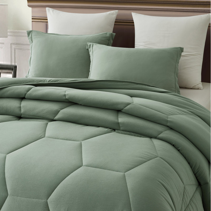 Washed Microfiber Bedding Honeycomb Comforter Set, Dusty Blue, Oversized Queen Comforter + 2 Standard Shams
