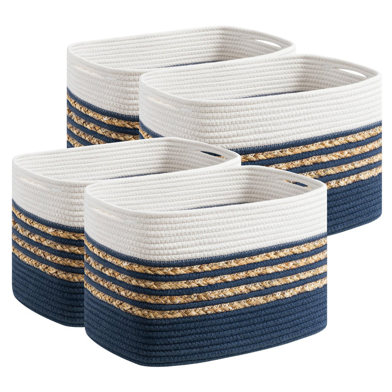 Set of 4 Rectangle Cotton Rope Storage Baskets with Built-in Handles, 14"L x 8"W x 9"H Decorative Woven Organizer Baskets for Toys, Towels, Closet & Home Storage