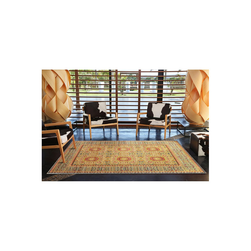Yellow Diamond Geometric Pattern Decorative Rug, Square 4'11" Rug Pad Included