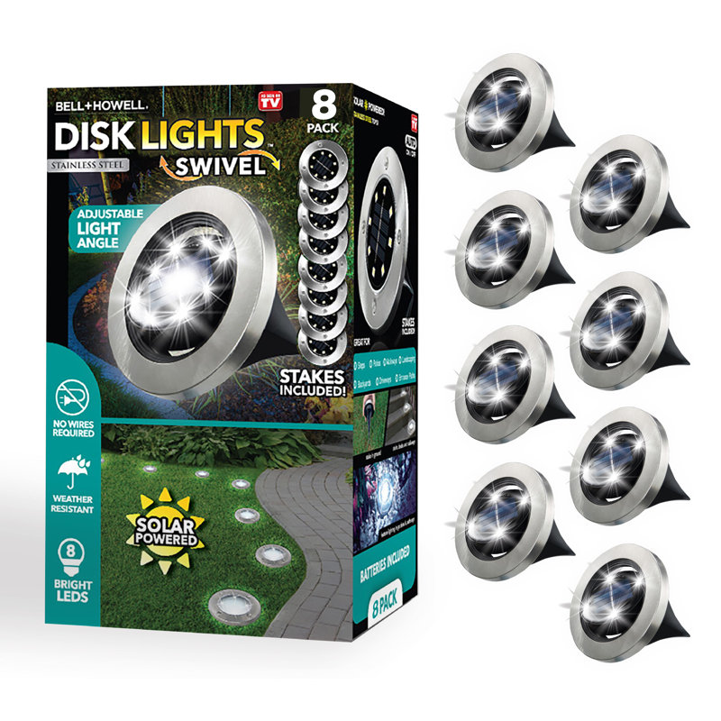 Bell+Howell Stainless Steel Solar Powered Swivel LED Disk Lights, Wireless Auto On/off Pathway Garden Lights