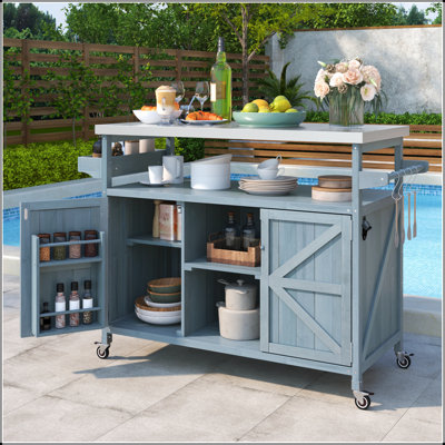 Outdoor Kitchen Island, Rolling Bar Cart & Storage Cabinet With Stainless Steel Top And Spice Rack For BBQ
