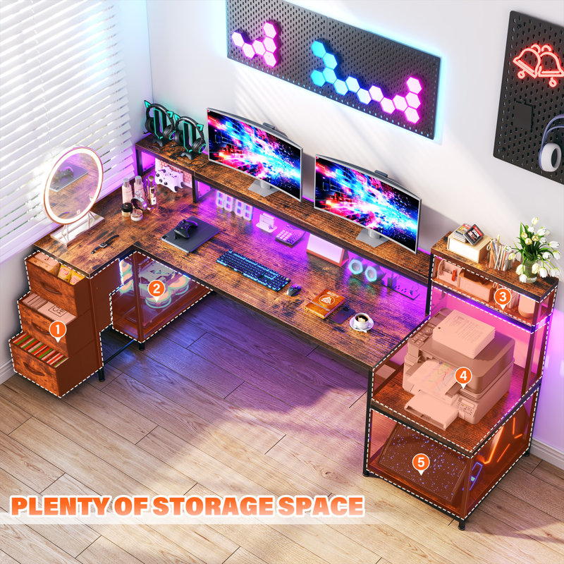 71"w Led L-shaped Computer Desk,gaming Desk With Power Outlet,home Office Desk With Monitor Stand, Brown