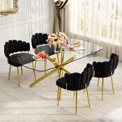 Modern 71-Inch Rectangular Glass Dining Table Set With Velvet Petal-Back Chairs, Stainless Steel & Metal Frame Kitchen And Dining Room Furniture Set F