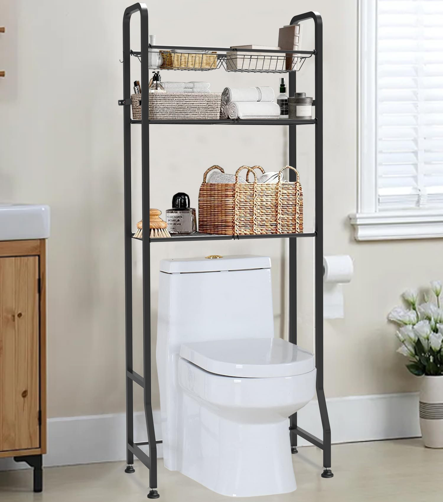 Rebrilliant 3-Tier Bathroom Over Toilet Storage Shelf With Adjustable Shelves And Hanging Hooks ...