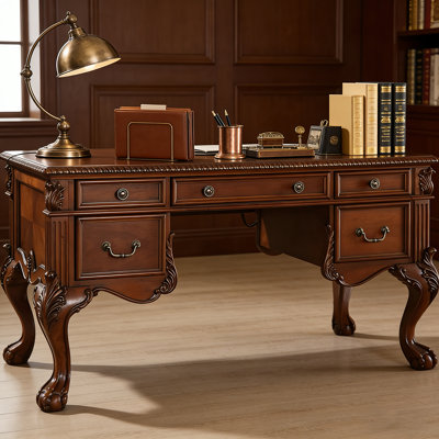 Bureau d'écriture en bois massif rouge-brun de style européen avec tiroirs, bureau d'ordinateur pour bureau et travail à domicile