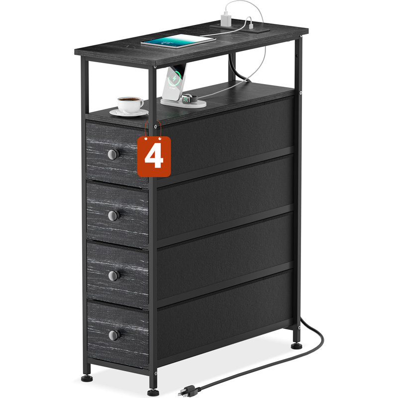Narrow Dresser with Charging Station White Dresser with 4 Drawer Slim Chest of Drawer Bathroom Pazo, Black Texture