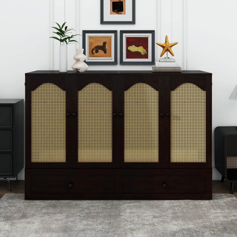 Grand lit escamotable, armoire-lit en pin avec décoration en rotin et tiroir de rangement, Espresso