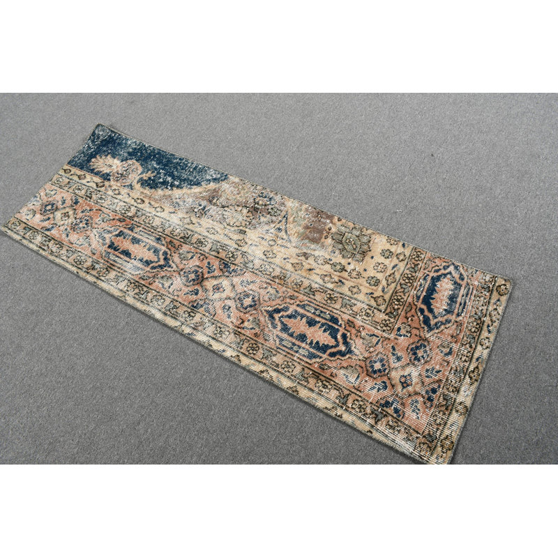 Blue Oushak Wool Runner Rug: Vintage Turkish Design Ideal for Kitchen Use