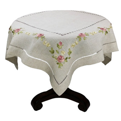 Ribbon Embroidery Rose on Natural Linen with Hemstitch Table Topper