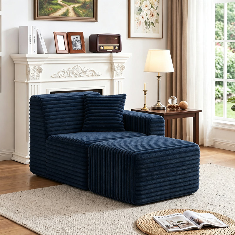 Chaise longue rembourrée 2 pièces en flanelle de fausse fourrure de lapin, aucun assemblage requis, Marine