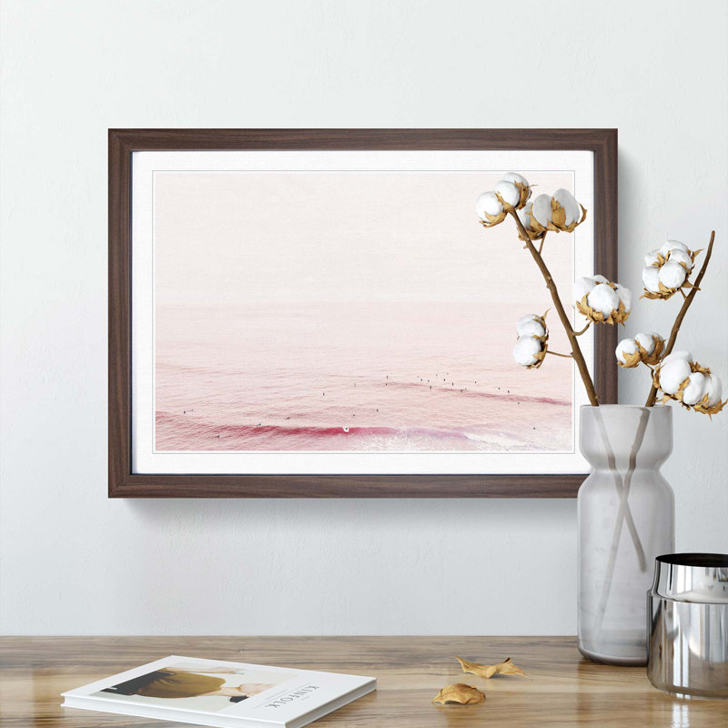 Surfers in the Ocean - Picture Frame Photograph Print, 27cm H x 36cm W x 2cm D, Walnut Framed