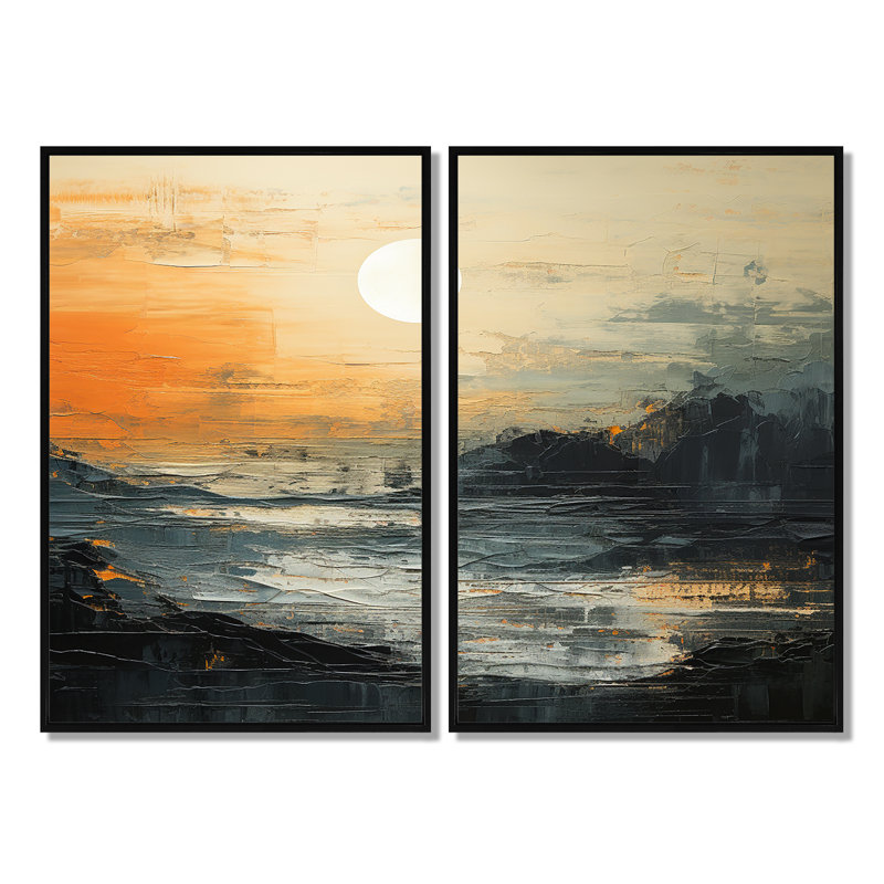 «Modern Coastal Mystic Sunrise» - art mural côtier côtier, H 36 po x l 48 po, Reproduction encadrée sans passe-partout, Noir
