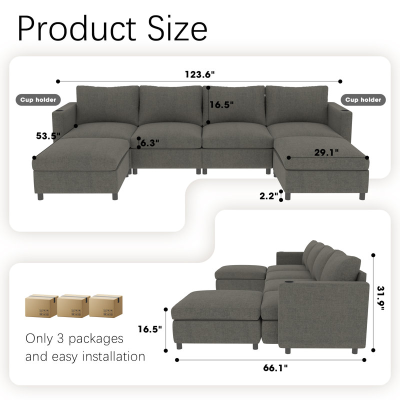 Canapé modulaire en forme de U de 123 po de largeur avec rangement, Gris