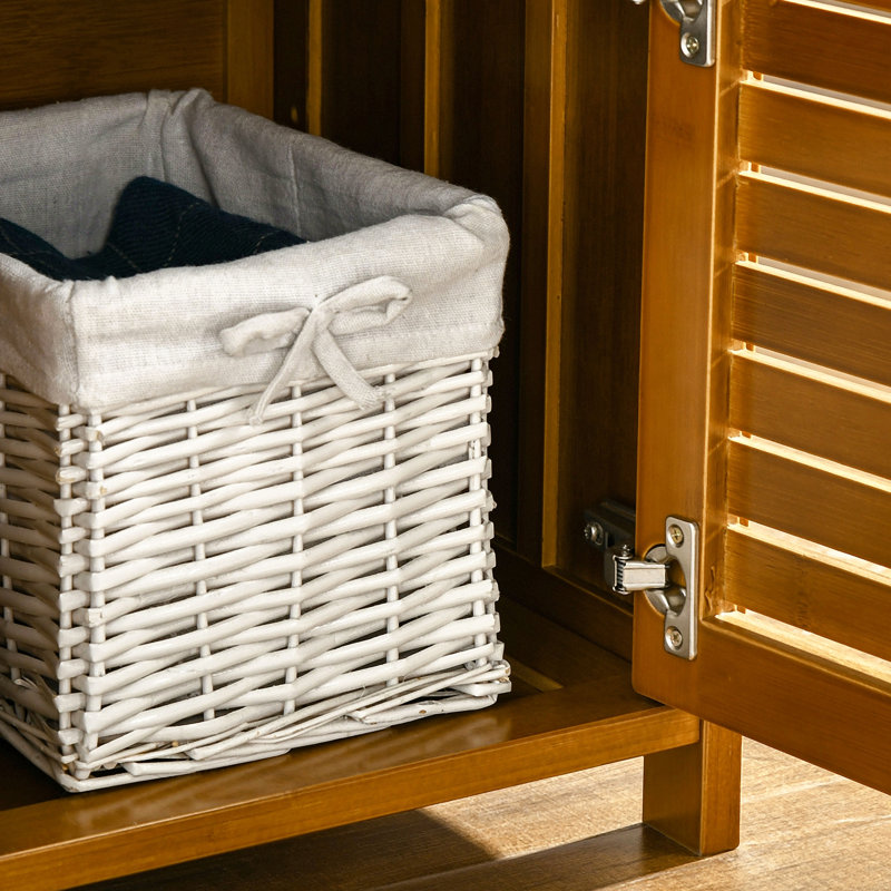 Shoe Bench With Storage Cabinets, Bamboo Entryway Bench With Seating Cushion, 3 Doors And Hidden Compartment For Hallway, Brown