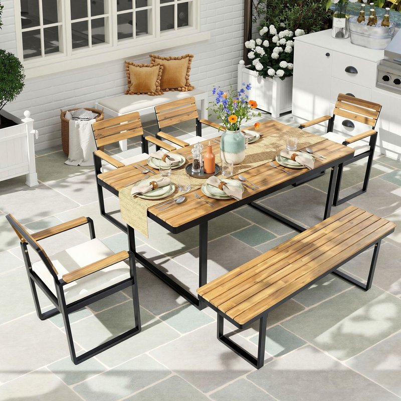 Ensemble repas pour 7 personnes avec table rectangulaire et banc en acacia, Beige