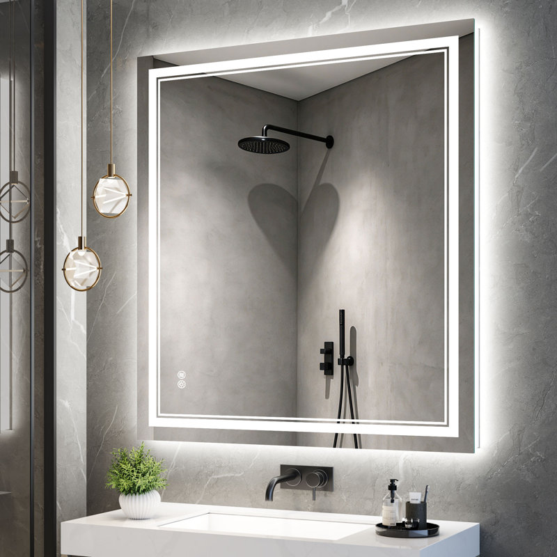 Frameless Rectangle Front & Backlit LED Bathroom Vanity Mirror with Dual LED Lighting, Dimmable 3-Color, Anti-Fog, 40" x 36"