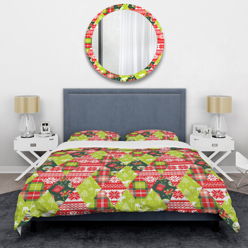 Ensemble de housse de couette en microfibre vert et rouge, Housse de couette simple + 1 taie décorative stan
