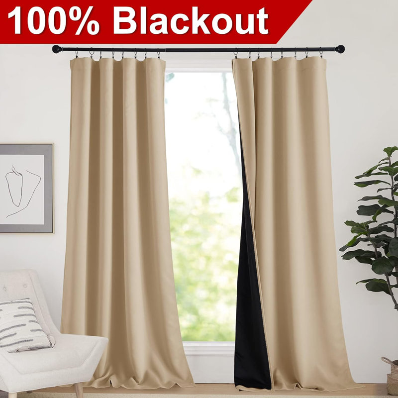 100% Blackout Curtains for Living Room, Privacy Protection & Noise Reducing Drapes, Black Lined Rod Pocket Window Treatment Curtain Panels, Set of 2
