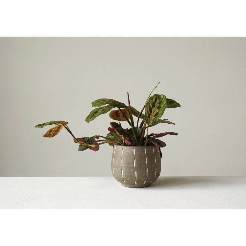 Boan Round Terracotta Planter with Hand Painted Lines and Glazed Finish