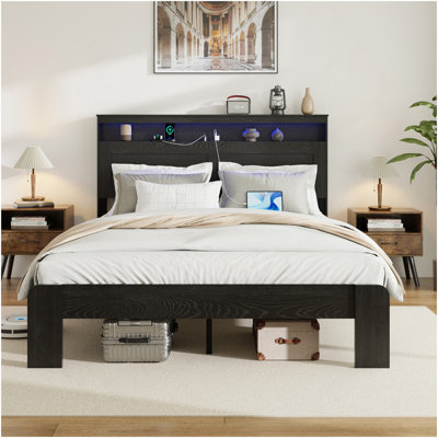 Bed Frame King Size, Wood Platform Bed Frame With Storage LED Light Headboard And 2 USB , Noise Free,No Box Spring Needed And Easy Assembly Tool,Large Under Bed Storage,Dark Black