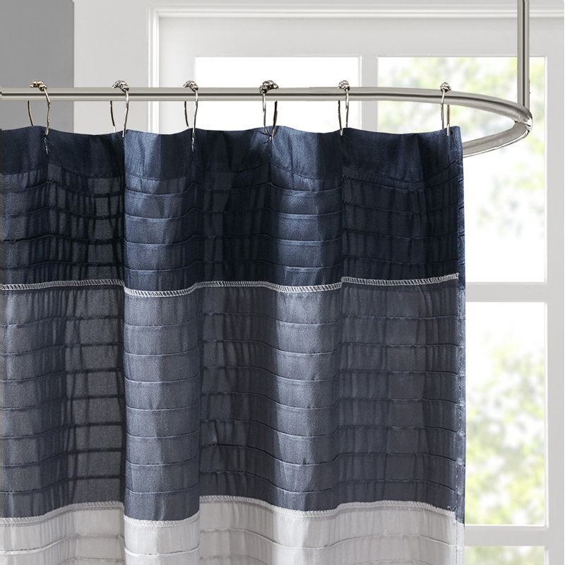 Navy and Gray Faux Silk Striped Shower Curtain