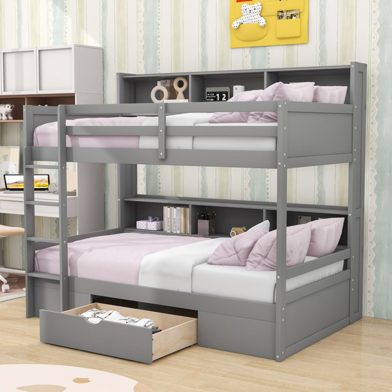 Lit superposé simple au-dessus de simple avec tiroir de rangement et tablettes, Gris