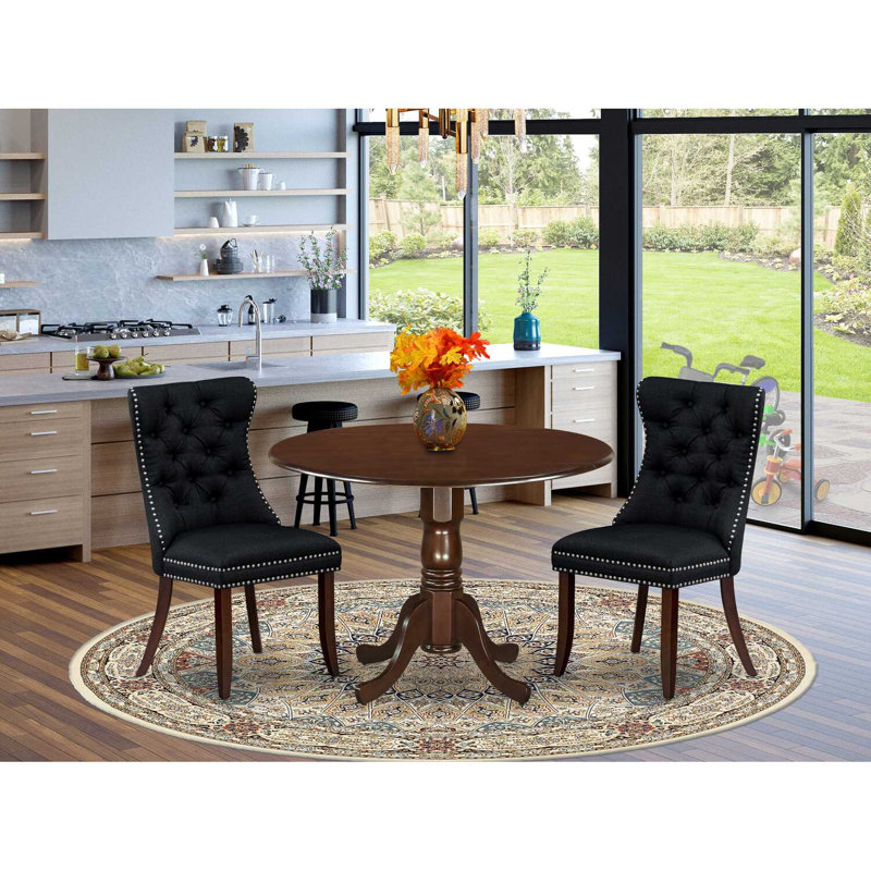 3-Piece Antique Walnut Finish Solid Wood Top-Round Upholstered Dining Room Set with Dropleaf-Seats 4, Matte Black, Mahogany