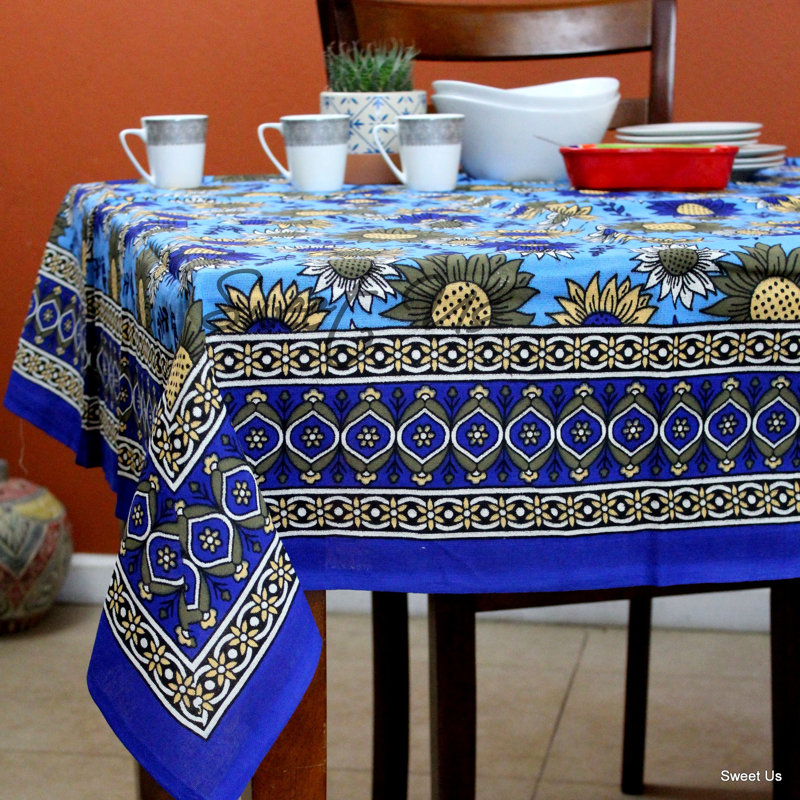 Cotton Sunflower Floral Tablecloth Rectangle Blue Olive Kitchen Dining Linen, Blue