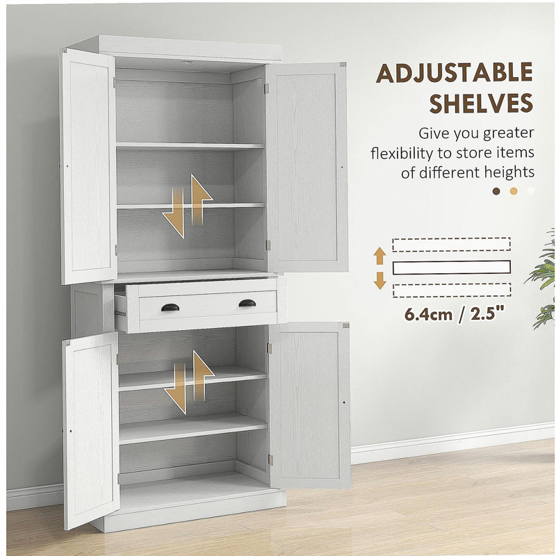 HOMCOM 72.5" Kitchen Storage Cabinet, Traditional Freestanding 4-door Storage Cabinet, with Drawers and 3 Adjustable Shelves, Suitable for Dining Room, White Wood Grain