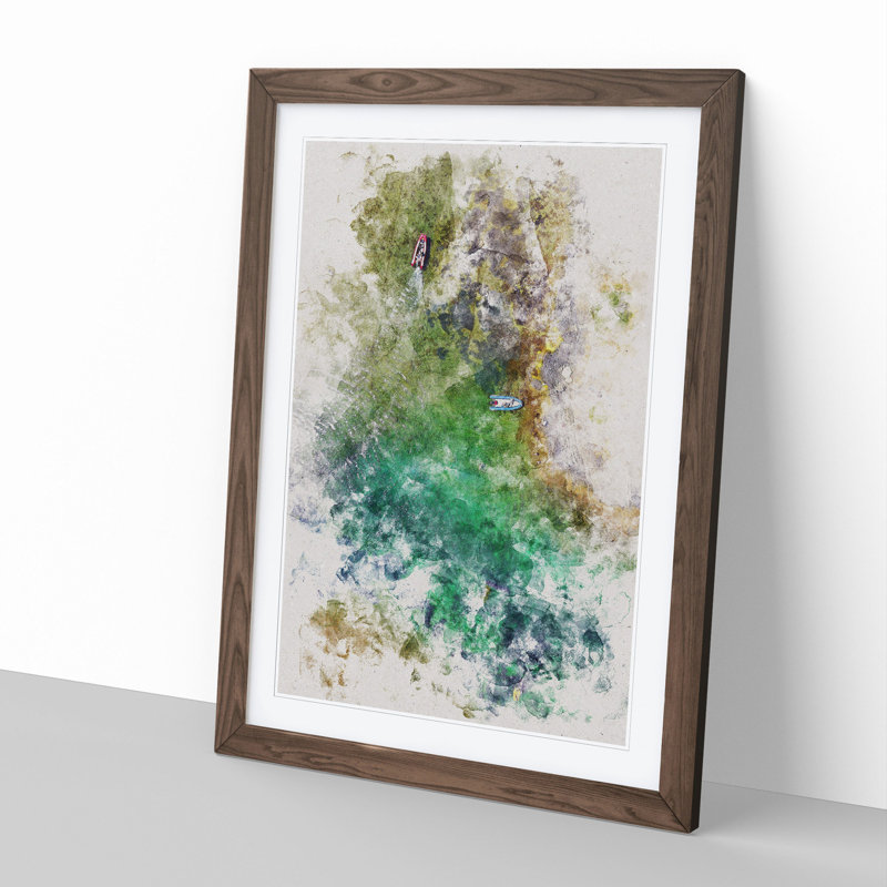 Boats in Catalunya Spain Watercolour - Picture Frame Graphic Art, 36cm H x 27cm W x 2cm D, Walnut