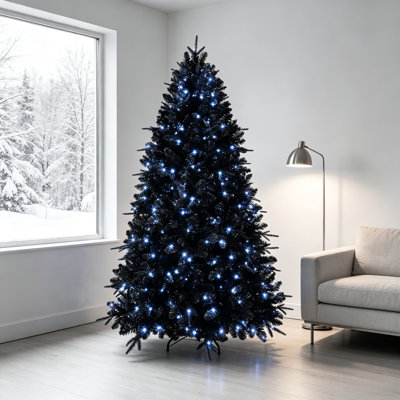 Sapin de Noël artificiel noir de 2,3 m (7,5 pi), mélange de PE et PVC, 2156 extrémités de branches denses, 500 lumières DEL blanches brillantes préinstallées, branches articulées, support métallique stable. Parfait pour l'Halloween et les décorations de Noël intérieures.