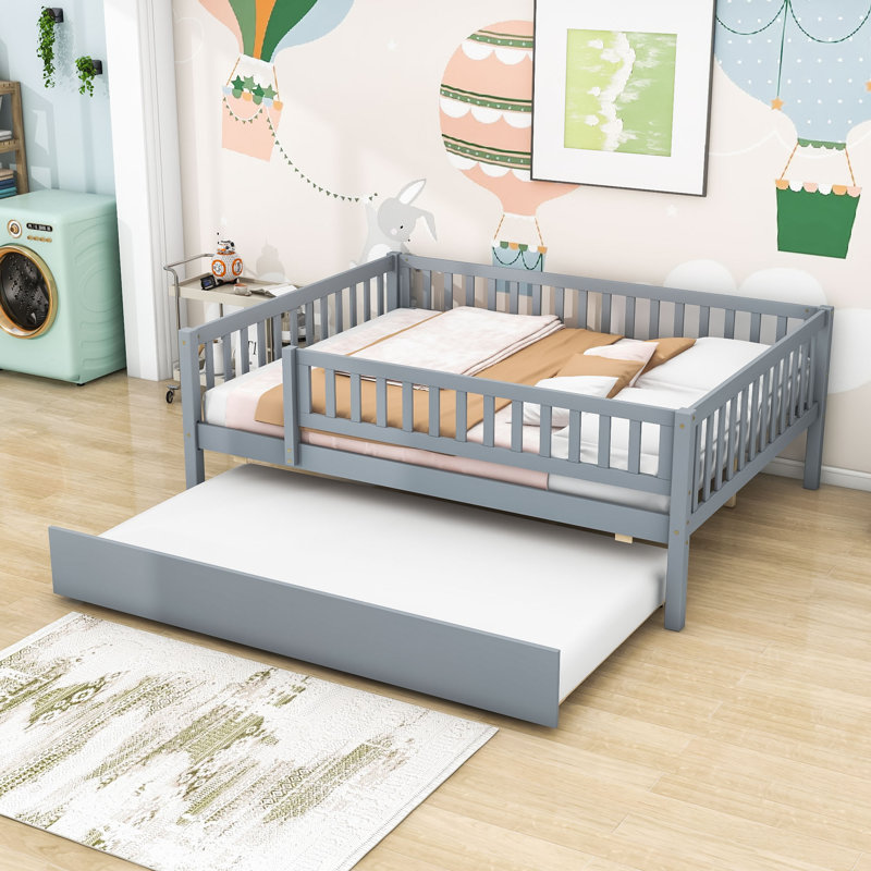 Wood Daybed with Twin Trundle and Guardrails, Gray, Full/Double
