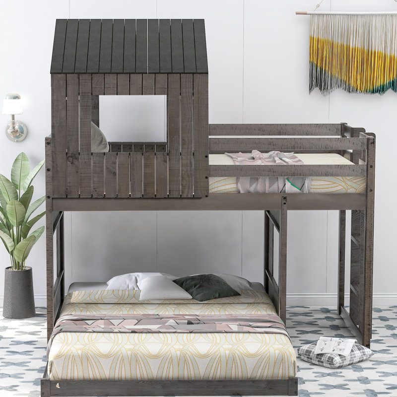 Lit superposé en bois gris antique avec maisonnette, lit simple au-dessus d'un lit double et barrières de sécurité, construction robuste en bois de pin, maisonnette de charge maximale de 400 / 600lbs en gris, taille double, construction, capacité de 400lbs / 600lbs